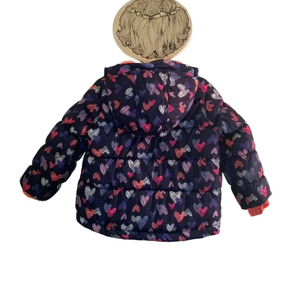 OSHKOSH B’GOSH Girl’s Navy Puffer Coat with Hearts & Fleece Lining / Size: 3T